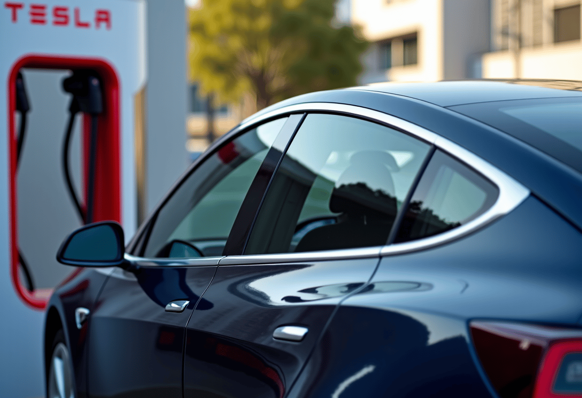 Exterior view of a Tesla Model 3 at a Santa Clarita Supercharger station, showcasing newly installed XPEL ceramic window tint, highlighting the sleek aesthetics and advanced protection against heat and UV.