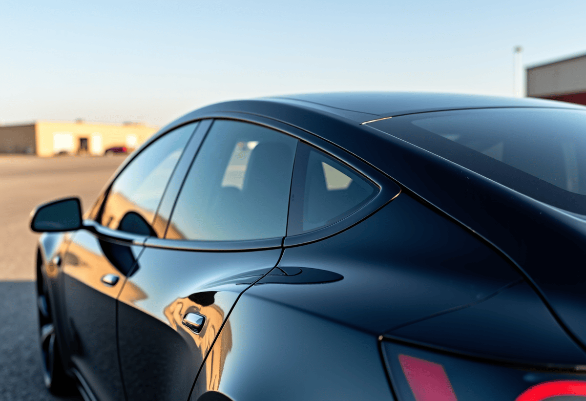 Sleek luxury car with custom window tint parked on a studio lot in Burbank