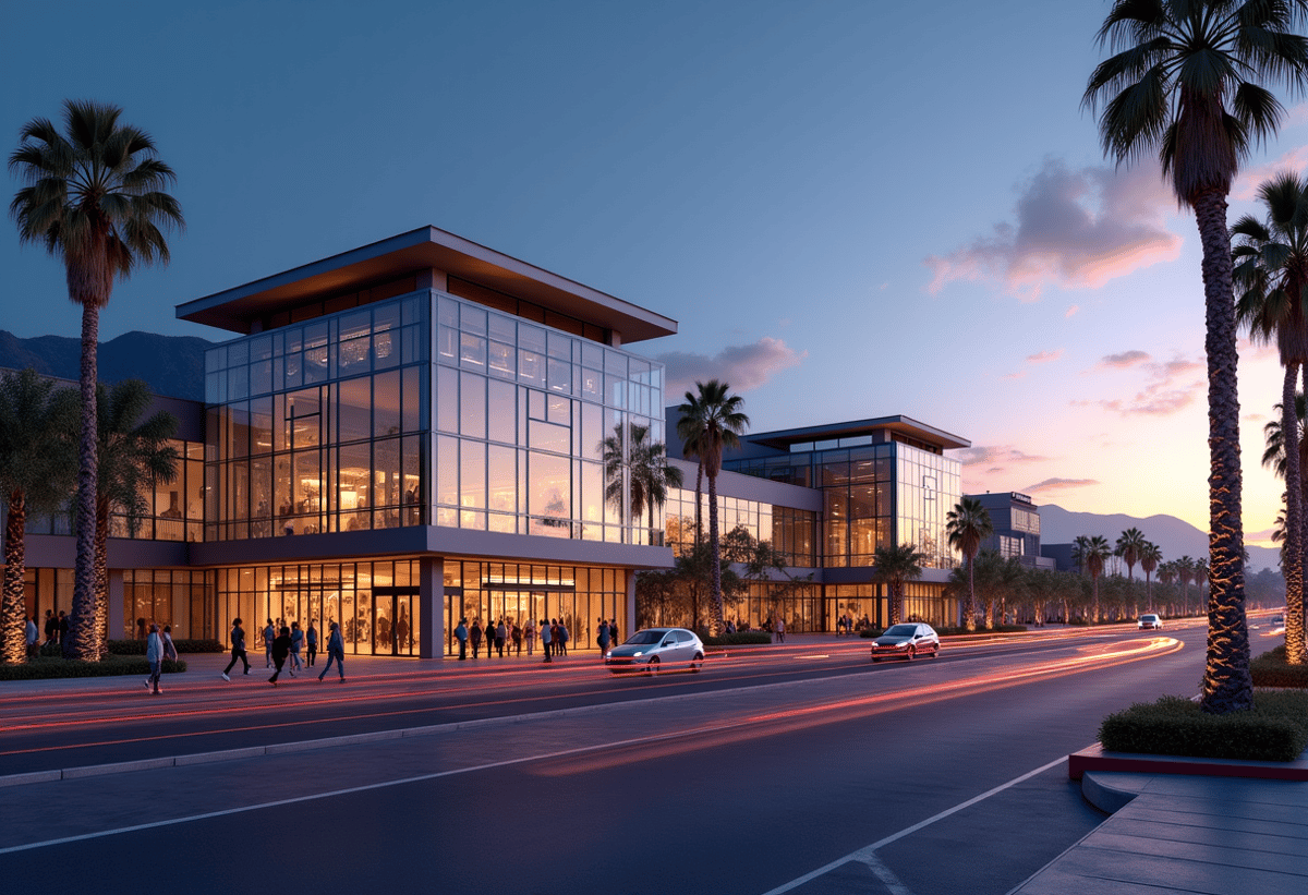 luxury cars parked outside a modern building in Sherman Oaks, California