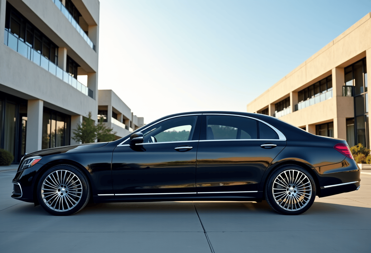 luxury sedan with ceramic window tint parked in front of modern Chatsworth office building