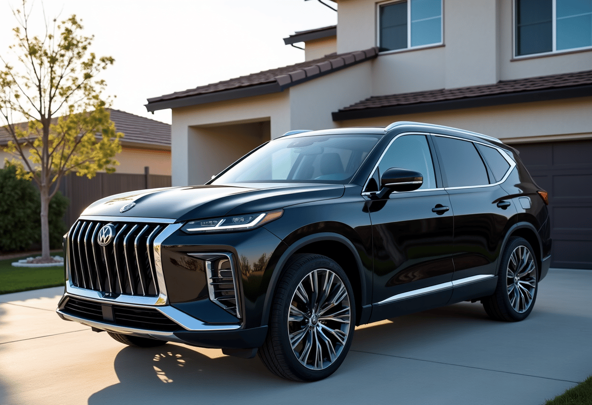 luxury suv parked in front of a modern Northridge home after mobile window tint installation
