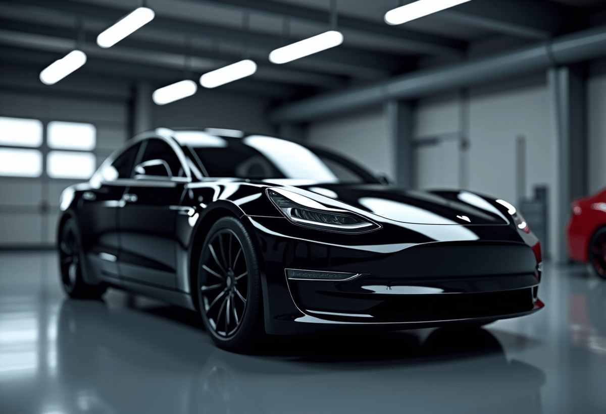 luxury Tesla Model S receiving premium XPEL paint protection film installation