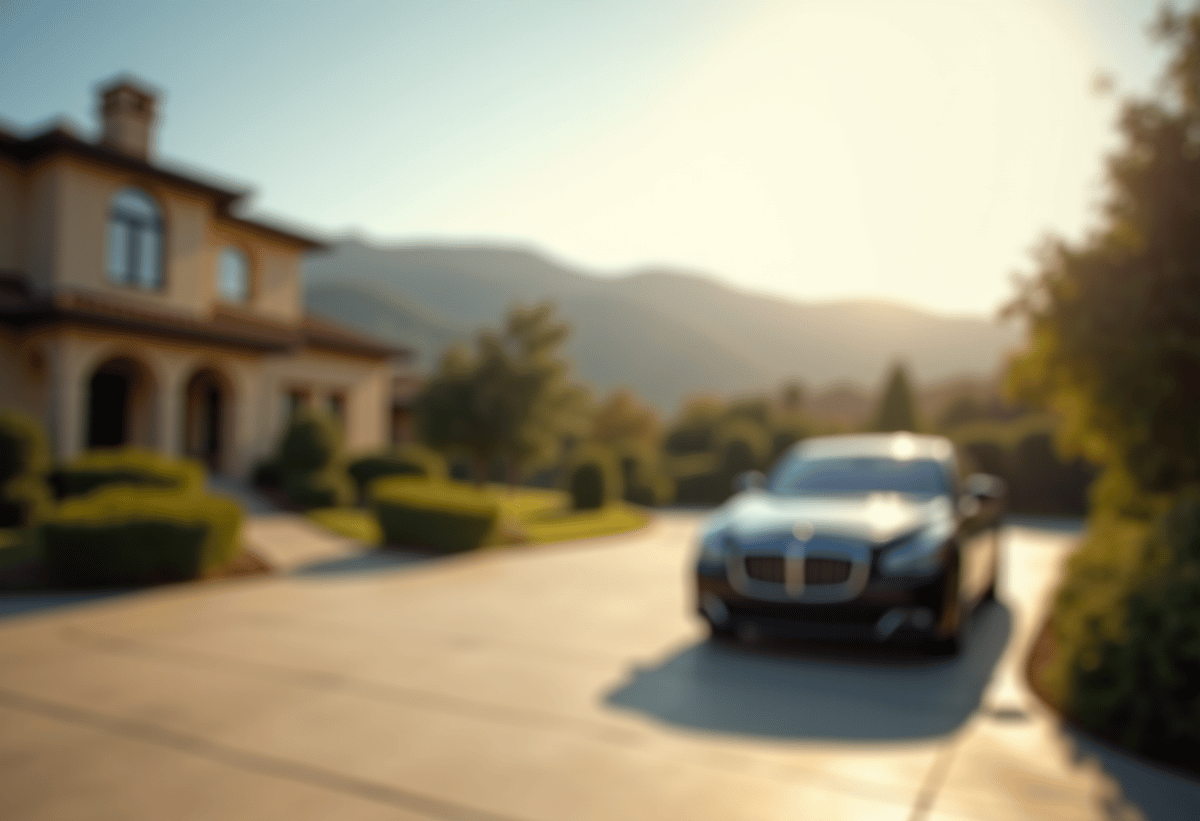 Luxury vehicle parked on a curved driveway in Tarzana, with clear sky