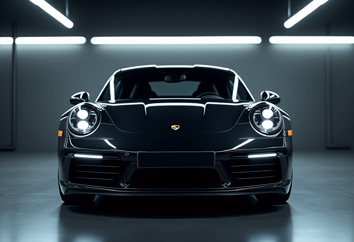 modern automotive garage with a luxury sports car being prepped for XPEL paint protection film installation