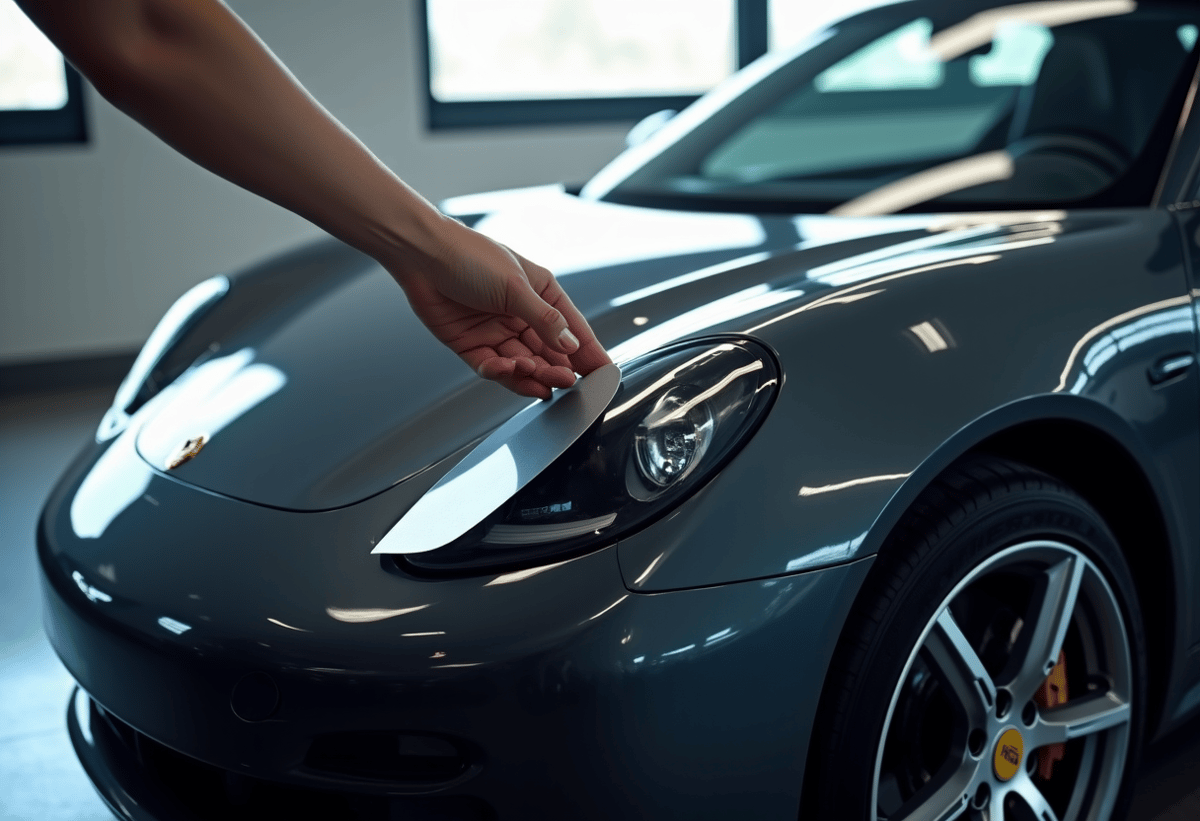 paint protection film installation on sports car in clean shop