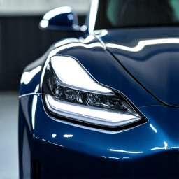 European sports car receiving headlight paint protection film in a Tarzana garage, protecting against chips and yellowing
