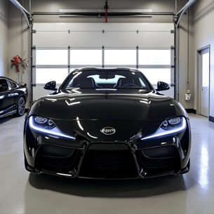 Luxury Car PPF Installation. Professional installer applying clear bra paint protection film on a luxury sports car front bumper