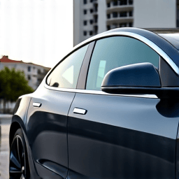 Tesla Model 3 Mobile Tint Service. Mobile window tinting for a Tesla Model 3 at Chatsworth Business Park, providing privacy and UV protection.