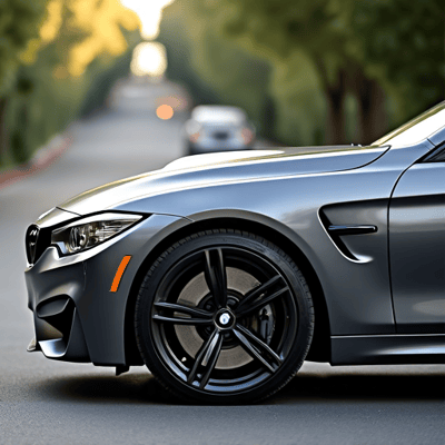 BMW M4 with high-gloss ceramic coating applied, reflecting Encino Hills