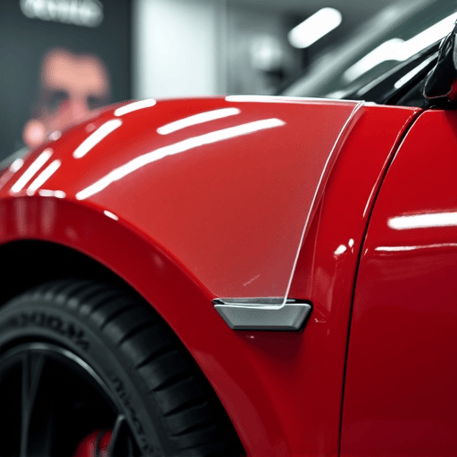 technician applying clear bra to luxury vehicle