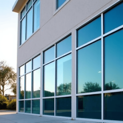 Commercial office building after window tinting in Santa Clarita. The windows are now treated with high-performance film, offering enhanced privacy, reduced glare, superior heat rejection, and improved energy efficiency for businesses in areas like Tourney Road.