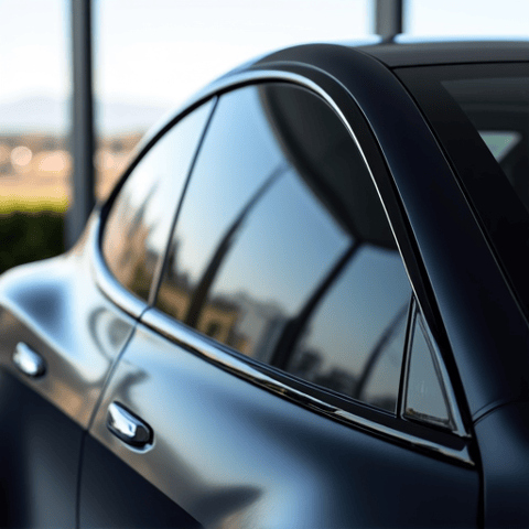 Electric vehicle with advanced window tint protection in Northridge. An electric vehicle showcasing newly installed advanced window tint, providing significant UV protection and heat rejection for eco-conscious drivers in Northridge.