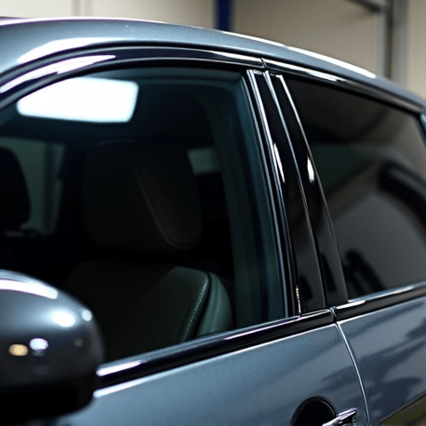 Tesla Model Y receiving XPEL ceramic window tint in a Porter Ranch garage. Professional mobile window tinting service ensuring a clean, factory look with superior heat rejection, perfect for luxury vehicle owners in Porter Ranch, CA.
