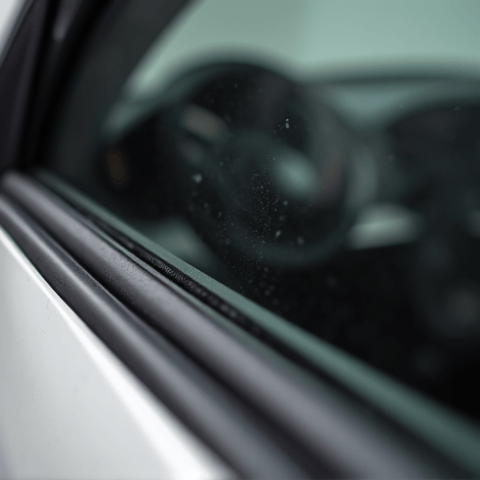 Close-up view of standard window tint film edge sealing on a North Hollywood vehicle, highlighting precision cutting and no gaps.