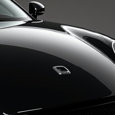 Stunning high-gloss ceramic coating finish on a luxury sedan in Studio City. Professional application showcasing deep reflection and hydrophobic properties on a dark vehicle.