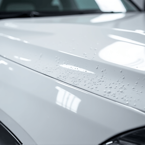 Close-up view of hydrophobic water beading on a white SUV after ceramic coating application in Studio City. Highlighting the protective layer and gloss enhancement.