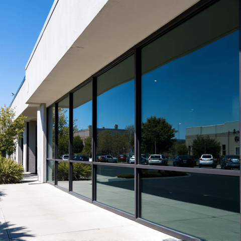 Storefront commercial window tinting at a business in Valencia Industrial Center. The tinted windows provide improved curb appeal, privacy during off-hours, and protection against UV rays for merchandise, showcasing effective business window tinting.