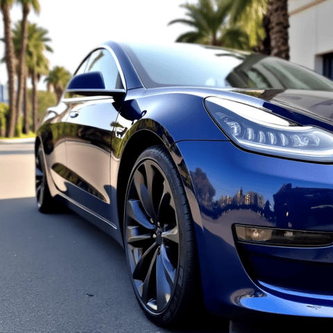 Tarzana Tesla Model 3 XPEL Ultimate Paint Protection. Blue Tesla Model 3 showcasing XPEL Ultimate Plus paint protection film, providing scratch resistance and enhanced gloss, on a sunny day in Tarzana.