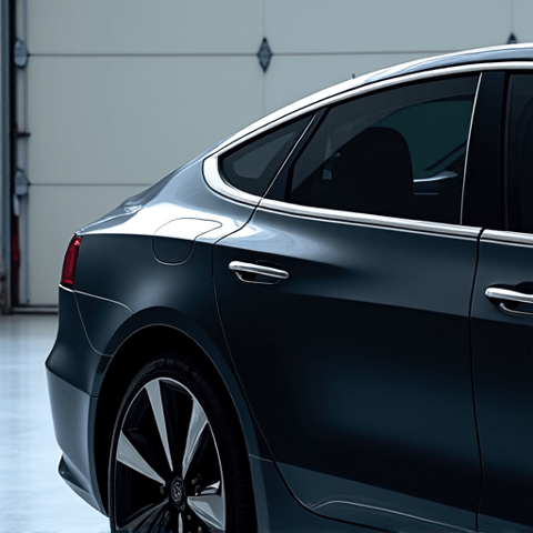 Close-up of a Tesla Model 3 rear window after a one-piece tint application in Porter Ranch. Showcasing the seamless, bubble-free finish achieved with advanced techniques and XPEL films for a flawless appearance.