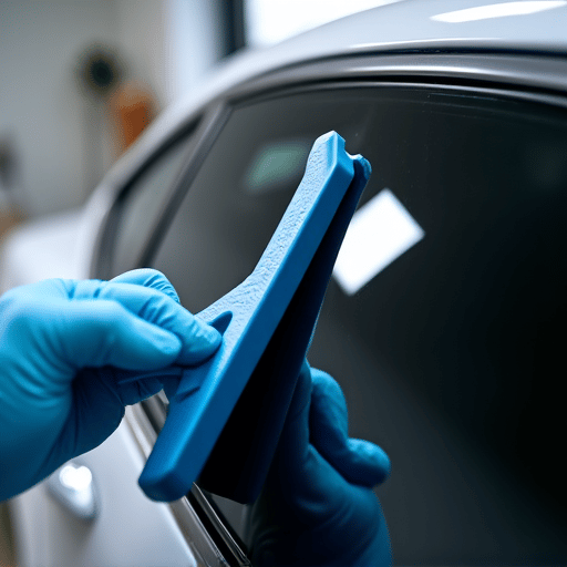 An expert installer applying premium window tint to a luxury car