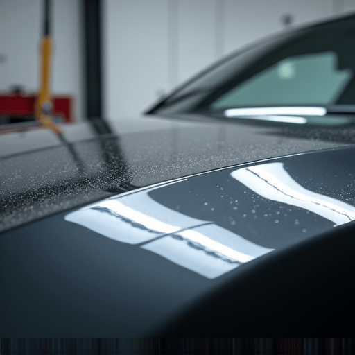 Mechanic installing clear bra on the hood of a car with precision in a professional shop environment