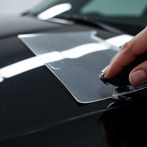 Close up of automotive paint protection film being applied to a car hood in Pasadena