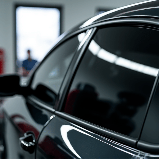 Expert installer applying XPEL ceramic window tint to a car window in Northridge, showcasing precision and quality finish