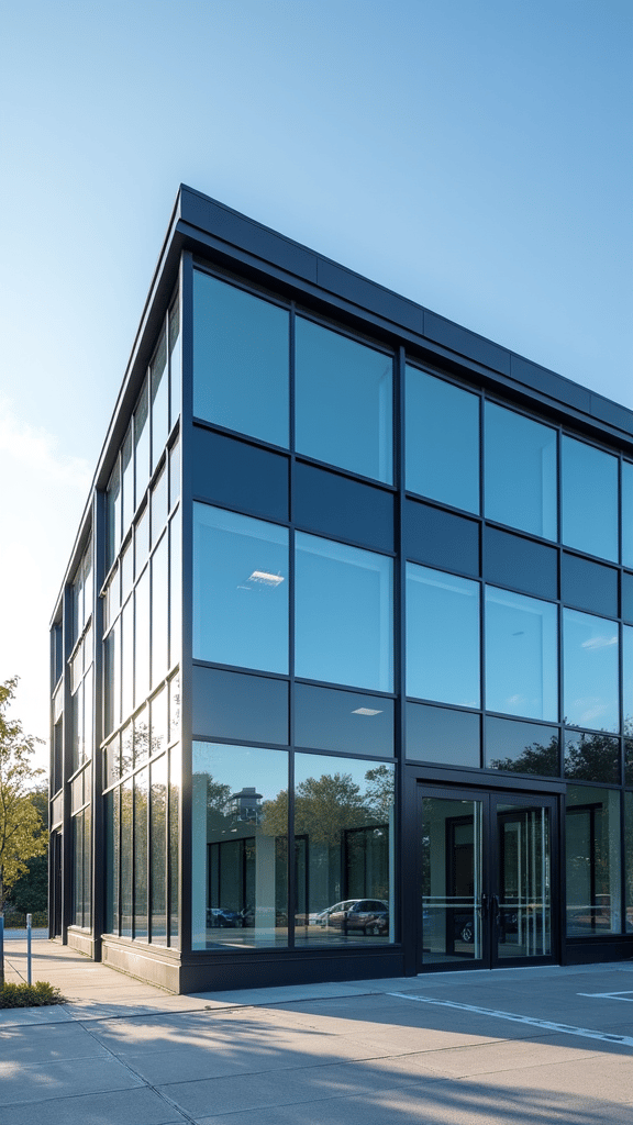 Commercial office building with newly tinted windows reflecting the sky