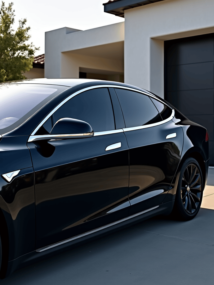 technician installing ceramic window tint on a luxury sedan in Tarzana