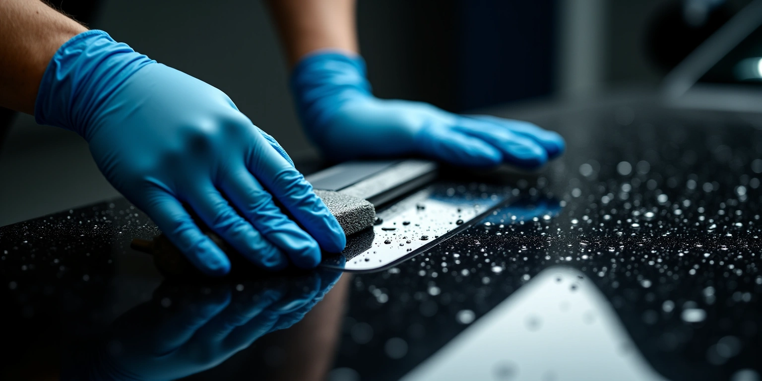 Technician applying paint protection film, macro detail